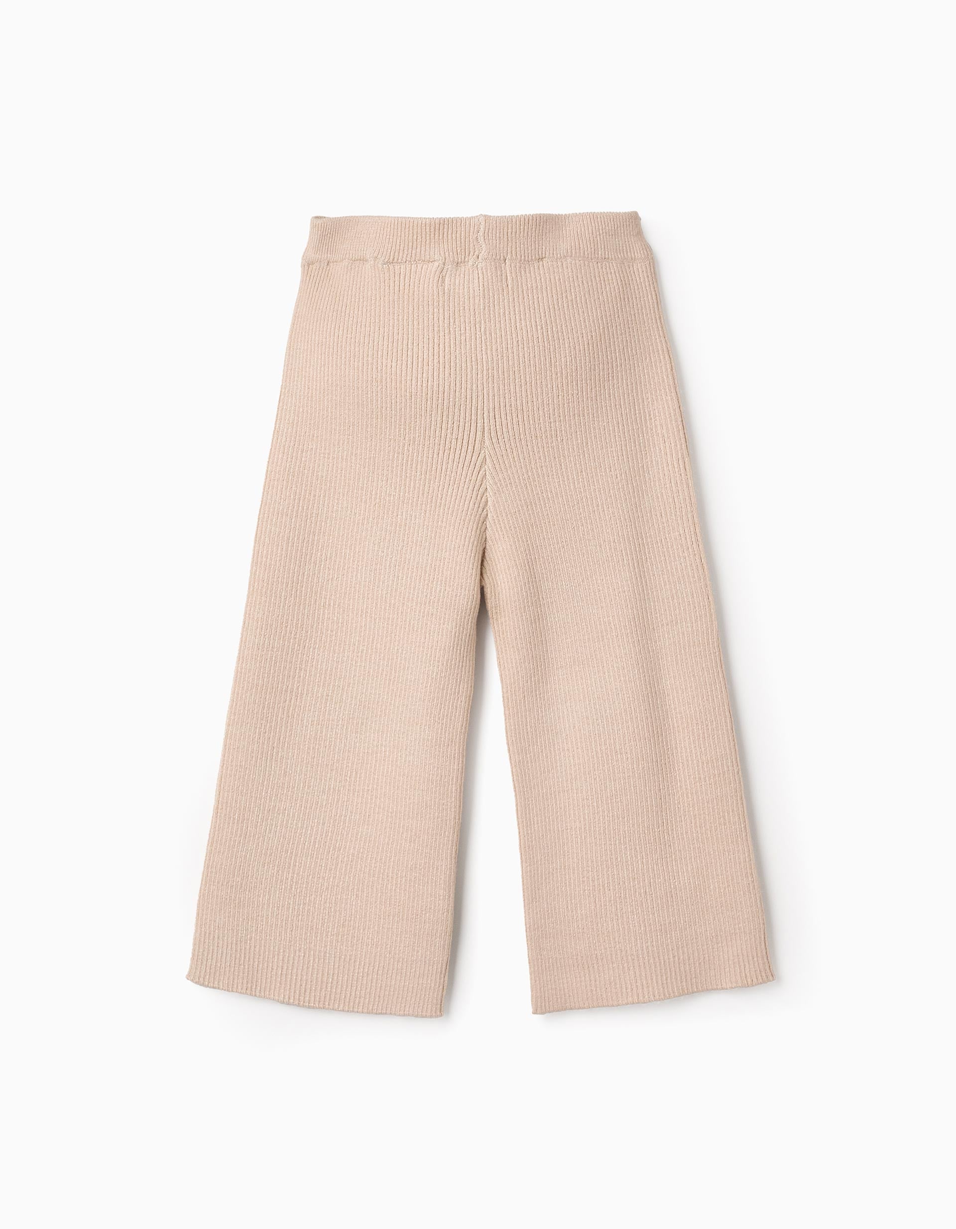 Wide Ribbed Knit Trousers for Baby Girls, Beige