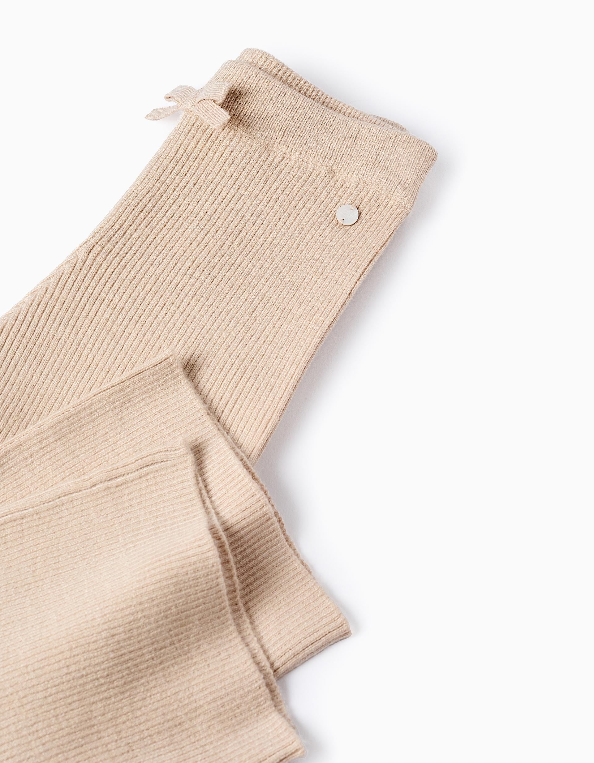 Wide Ribbed Knit Trousers for Baby Girls, Beige