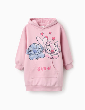 Vestido-Sudadera Perchado con Capucha para Niña 'Stitch & Angel', Rosa