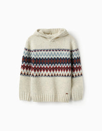Pull en Maille avec Capuche et Jacquard pour Garçon, Beige