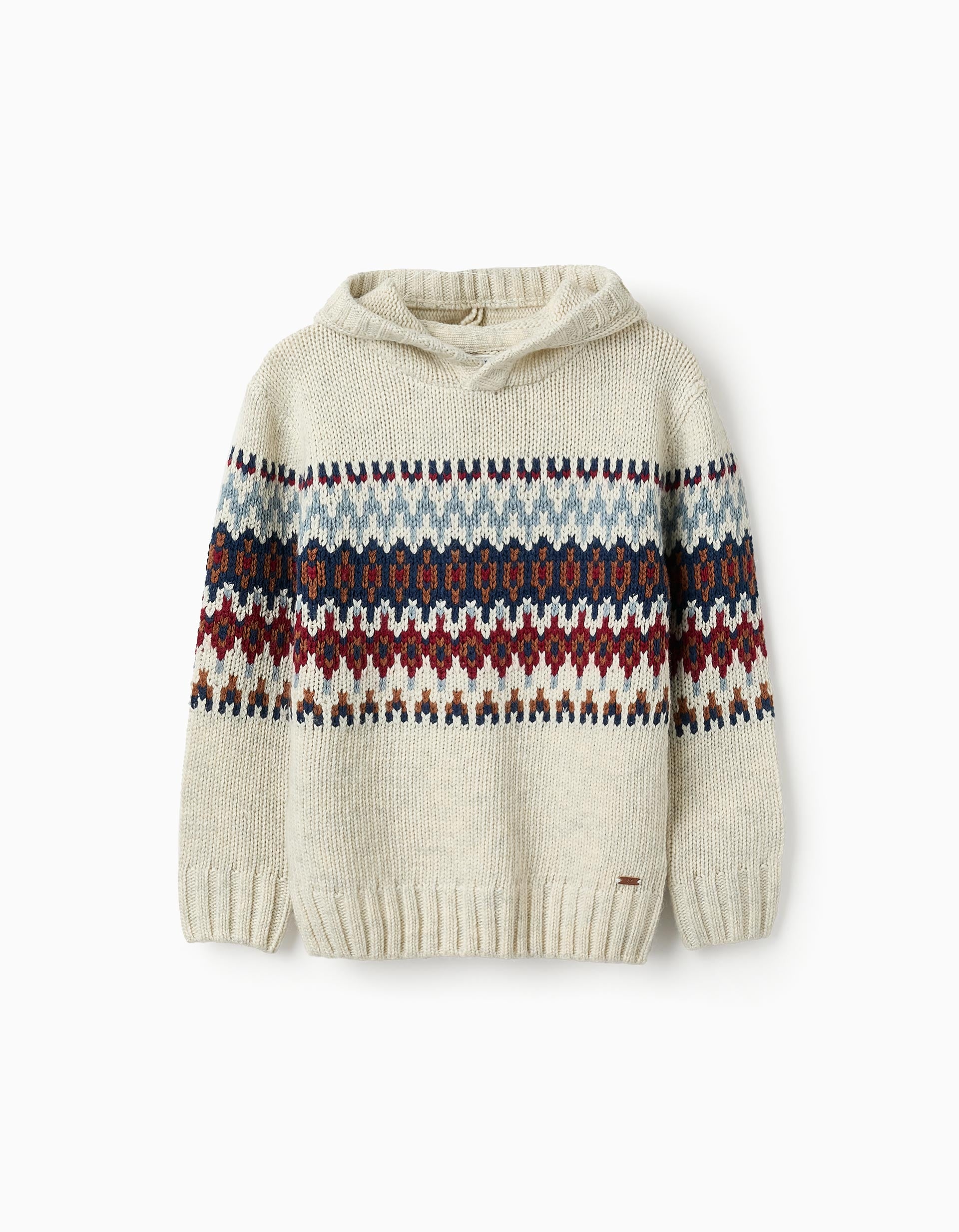 Hooded Jumper with Jacquard for Boys, Beige