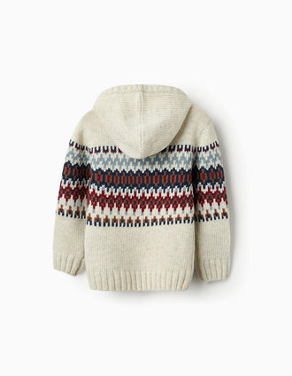 Camisola de Malha com Capuz e Jacquard para Menino, Bege