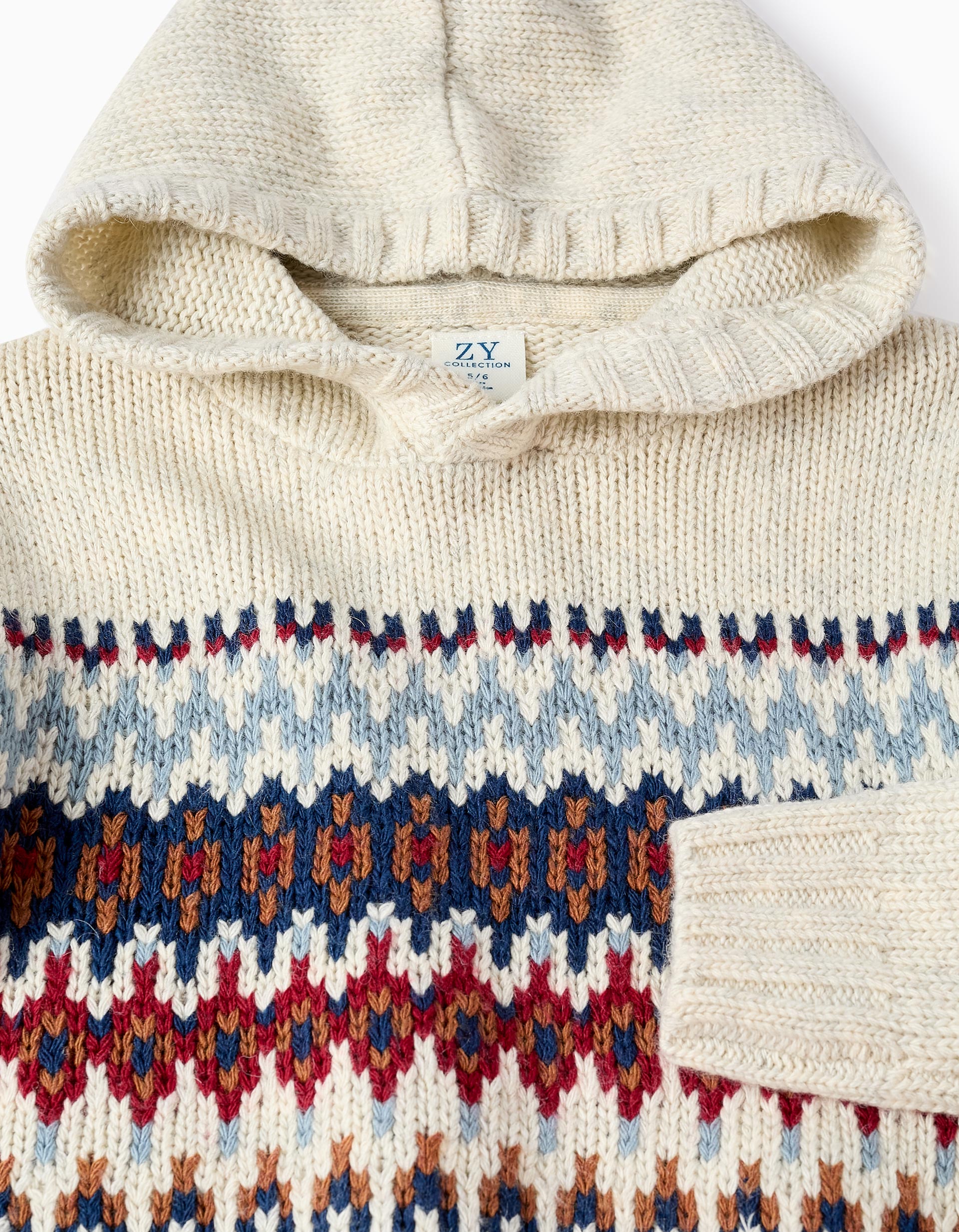 Hooded Jumper with Jacquard for Boys, Beige