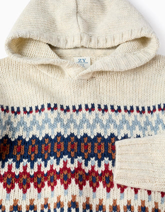 Camisola de Malha com Capuz e Jacquard para Menino, Bege
