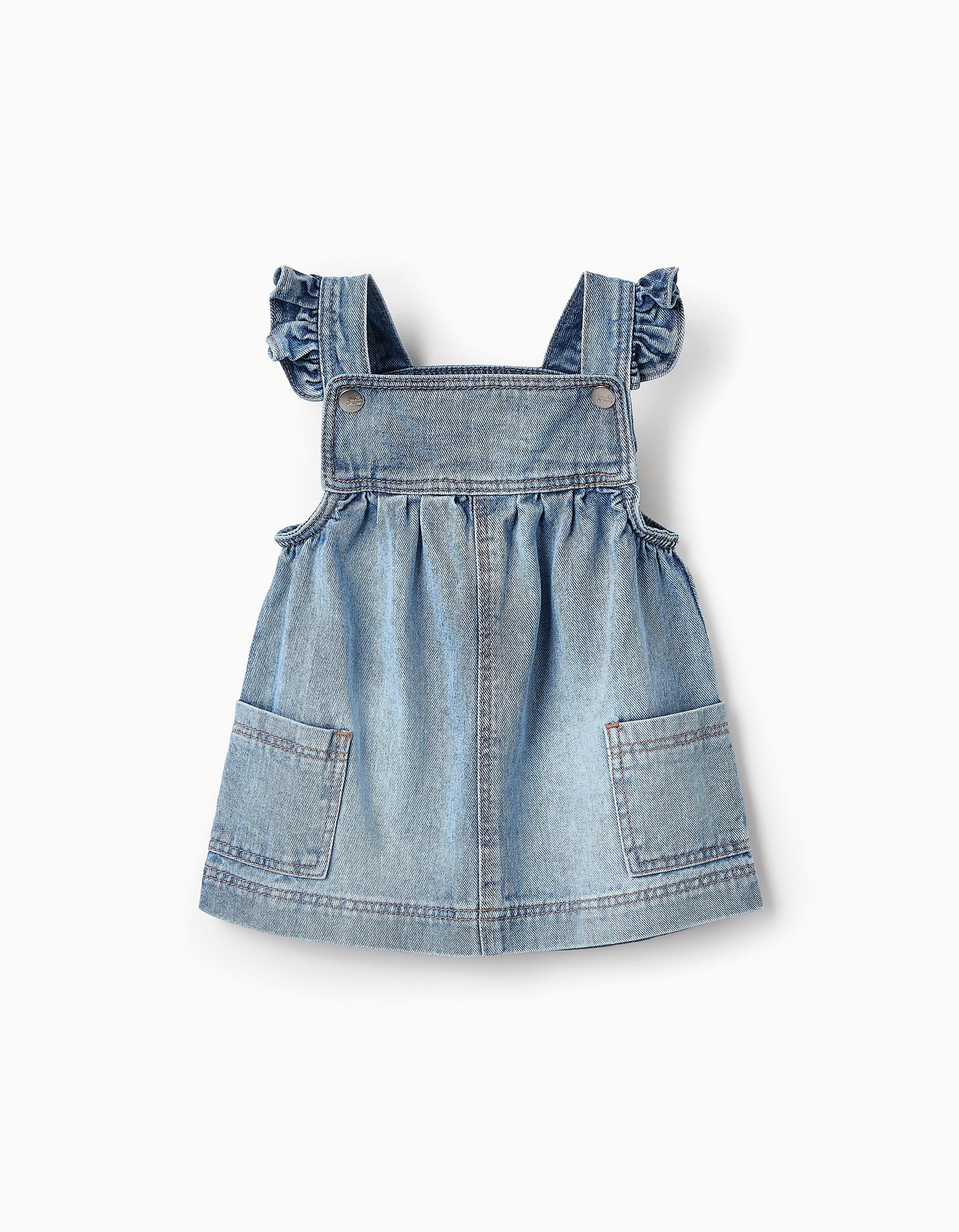 Pinafore Dress in Cotton Denim with Ruffles for Baby Girls, Blue