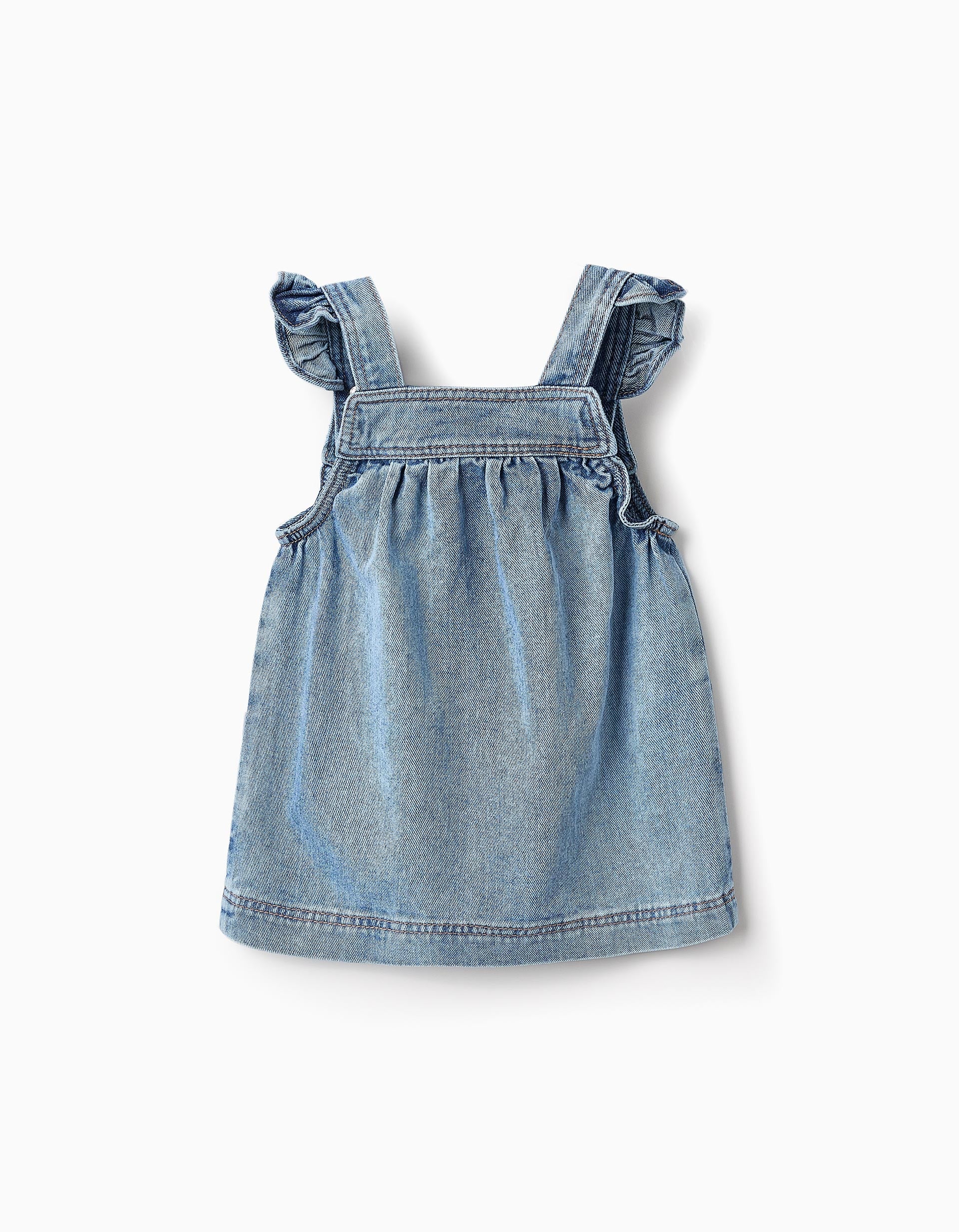 Pinafore Dress in Cotton Denim with Ruffles for Baby Girls, Blue