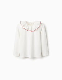 T-shirt à Manches Longues Avec Col à Volants pour Fille, Blanc