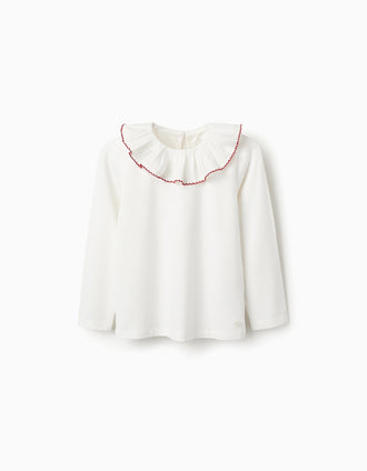 Camiseta de Manga Larga con Cuello de Volantes para Niña, Blanco