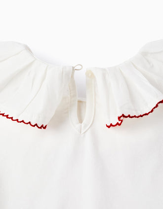 T-shirt de Manga Comprida Com Gola de Folhos para Menina, Branco