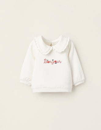 Sudadera Perchada con Cuello Claudine para Bebé Niña, Blanco
