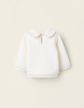 Sudadera Perchada con Cuello Claudine para Bebé Niña, Blanco
