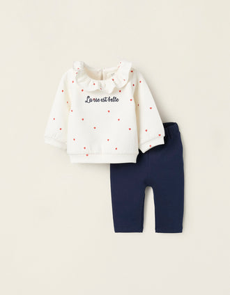 Sweat Estampada + Calças para Bebé Menina, Branco/Azul Escuro