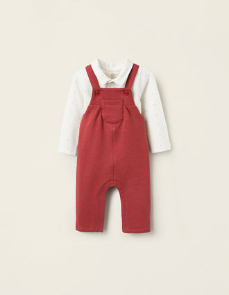 Body + Jardineiras Cardadas para Recém-Nascido, Branco/Laranja