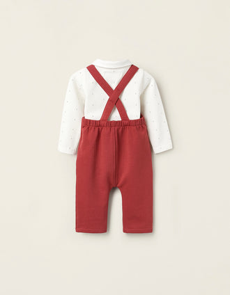 Body + Jardineiras Cardadas para Recém-Nascido, Branco/Laranja