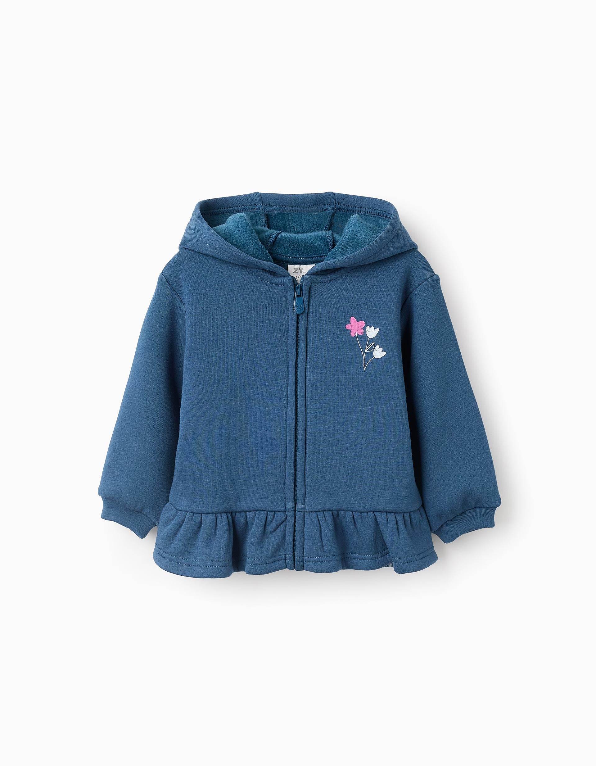 Hooded Jacket in Fleece for Baby Girls 'Flowers', Turquoise