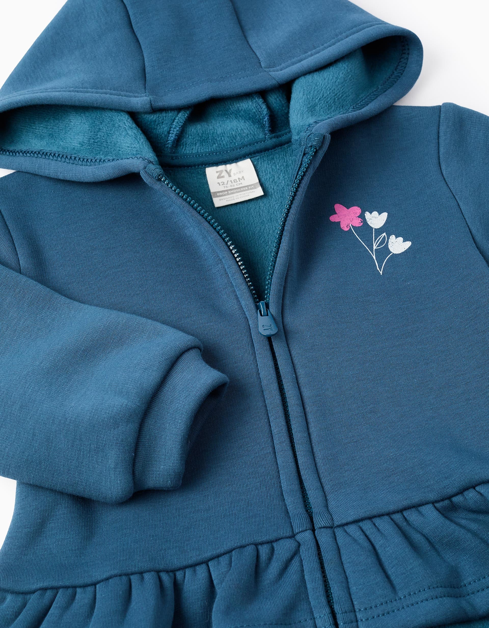 Hooded Jacket in Fleece for Baby Girls 'Flowers', Turquoise