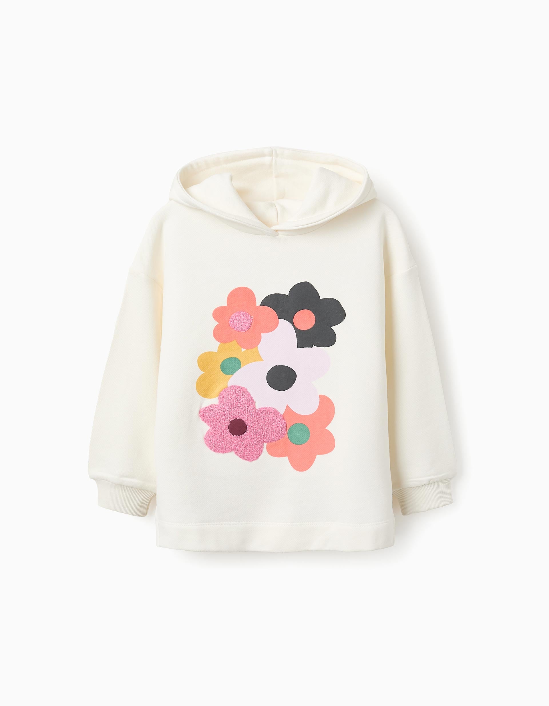 Cotton Hooded Sweatshirt for Girls 'Flowers', White