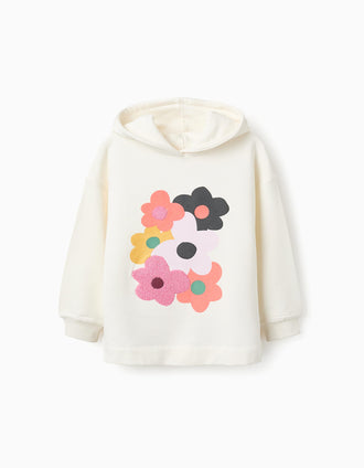 Sudadera de Algodón con Capucha para Niña 'Flores', Blanco