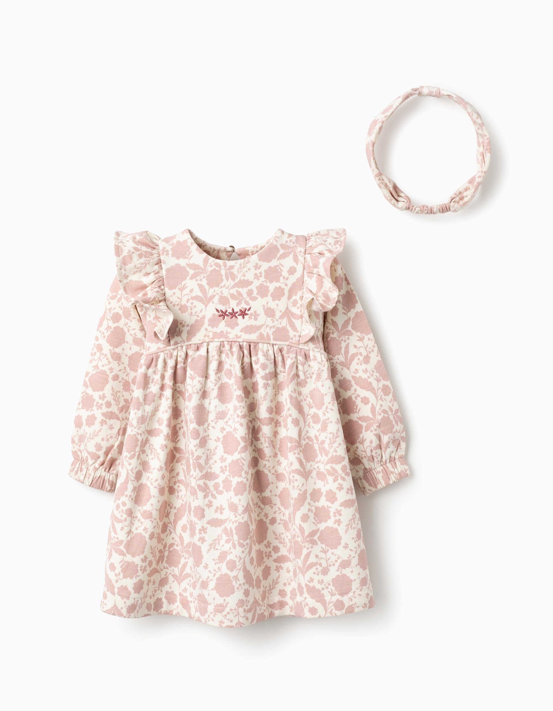 Floral Dress + Hair Ribbon for Baby Girls, White/Pink