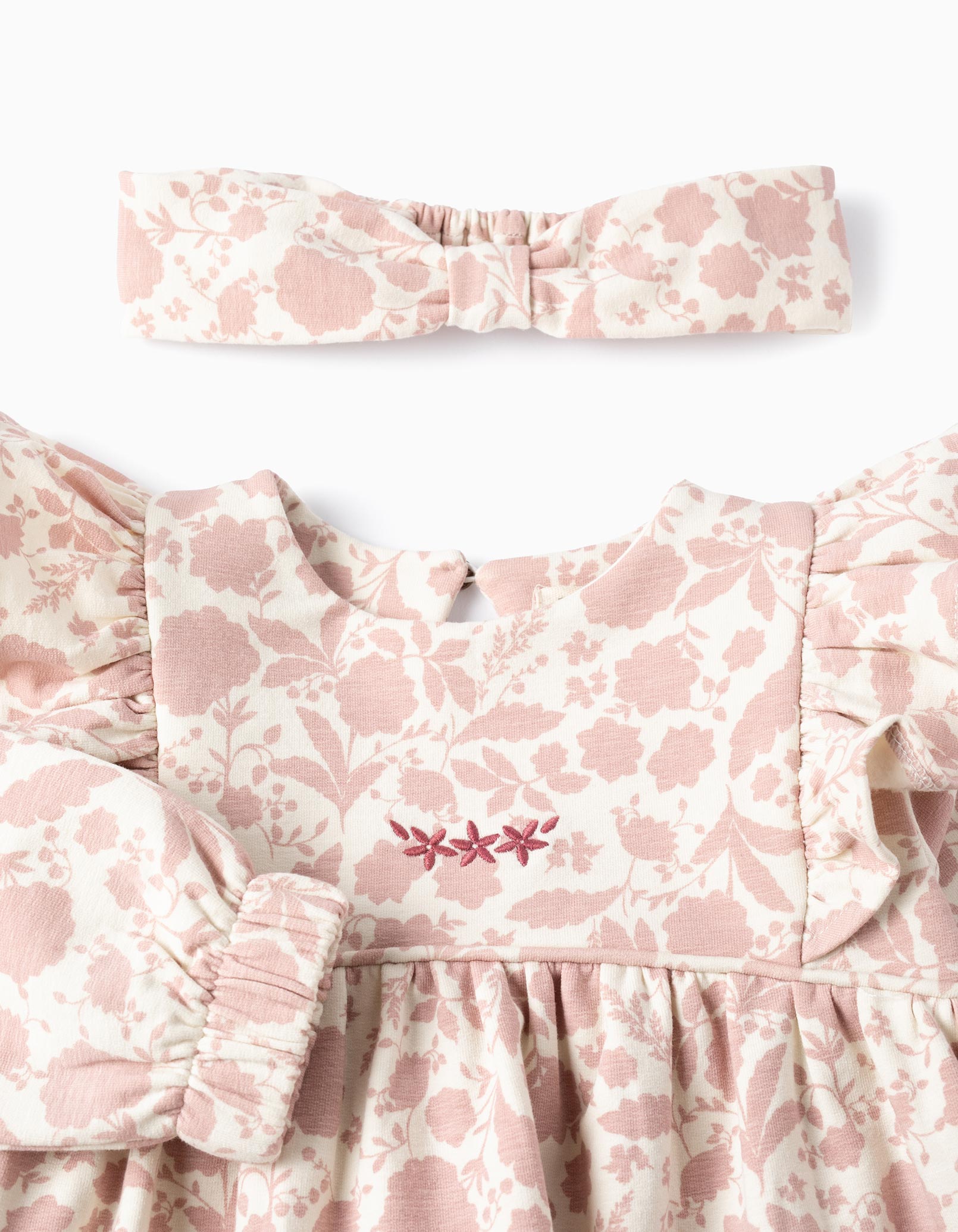 Floral Dress + Hair Ribbon for Baby Girls, White/Pink