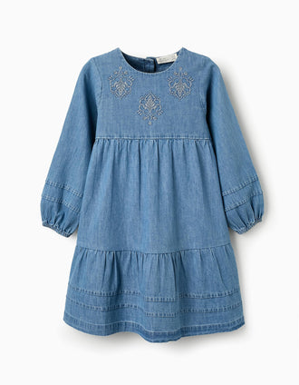 Vestido Vaquero con Bordados para Niña, Azul
