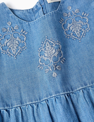 Vestido Vaquero con Bordados para Niña, Azul