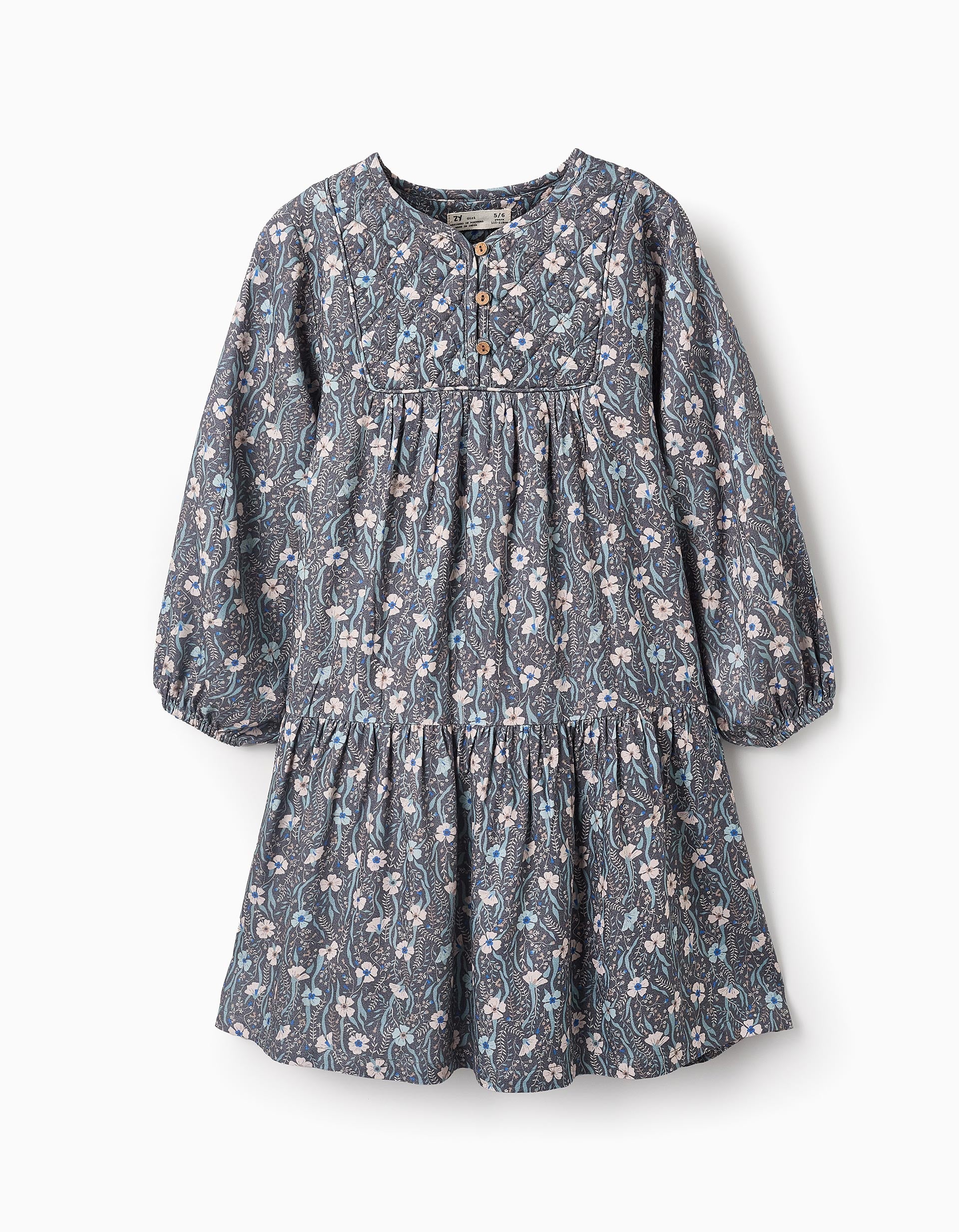 Floral Dress with Cotton Lining for Girls, Blue