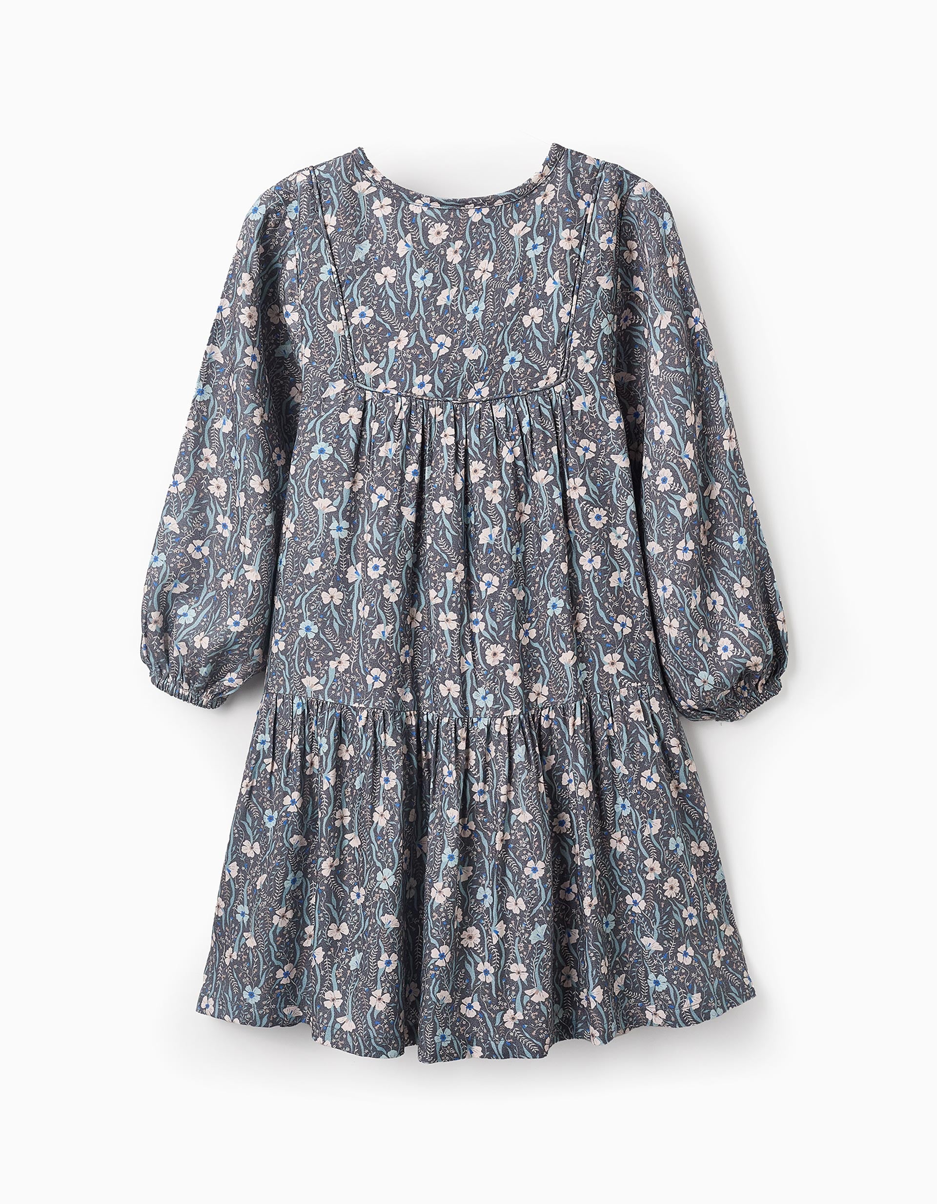 Floral Dress with Cotton Lining for Girls, Blue