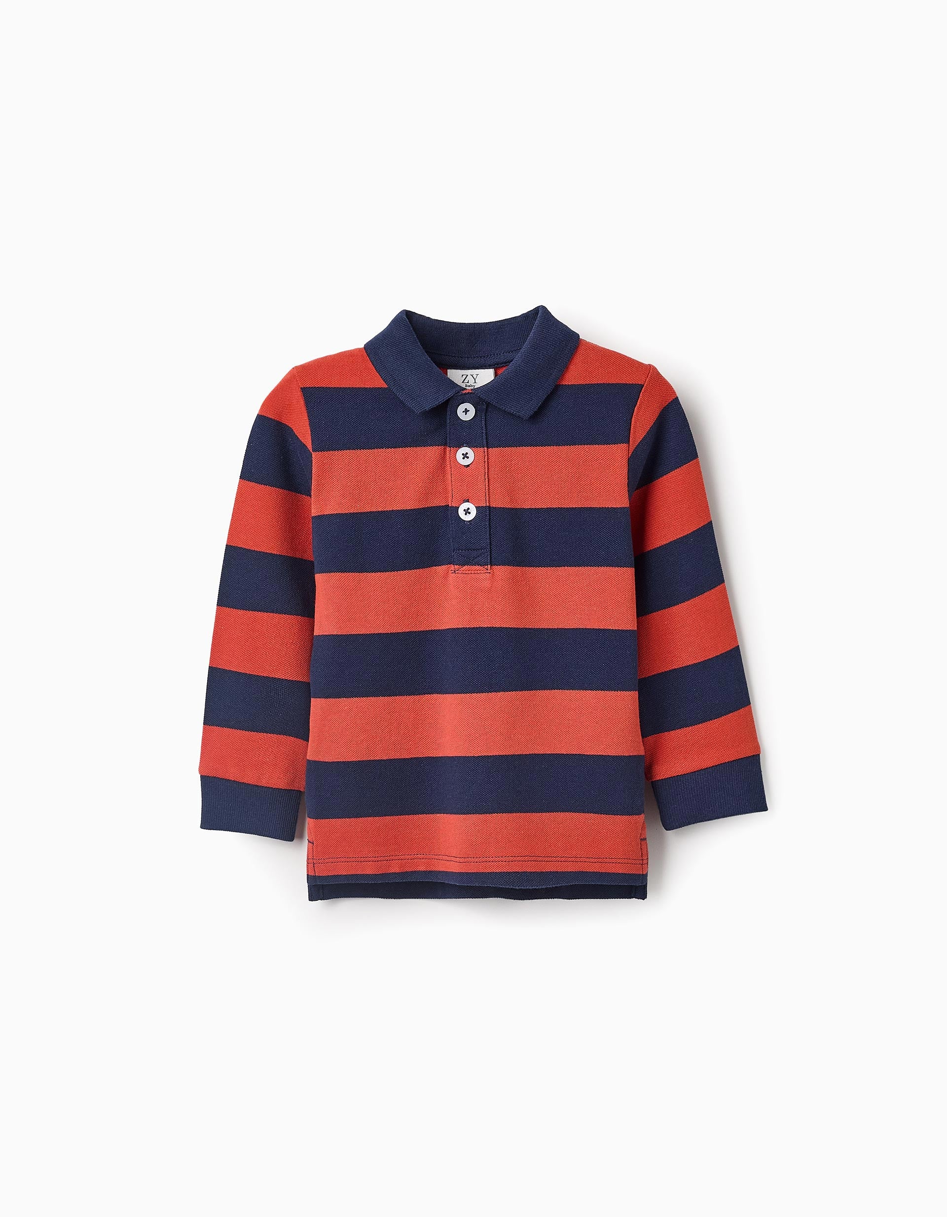 Cotton Striped Polo for Baby Boys, Orange/Navy Blue