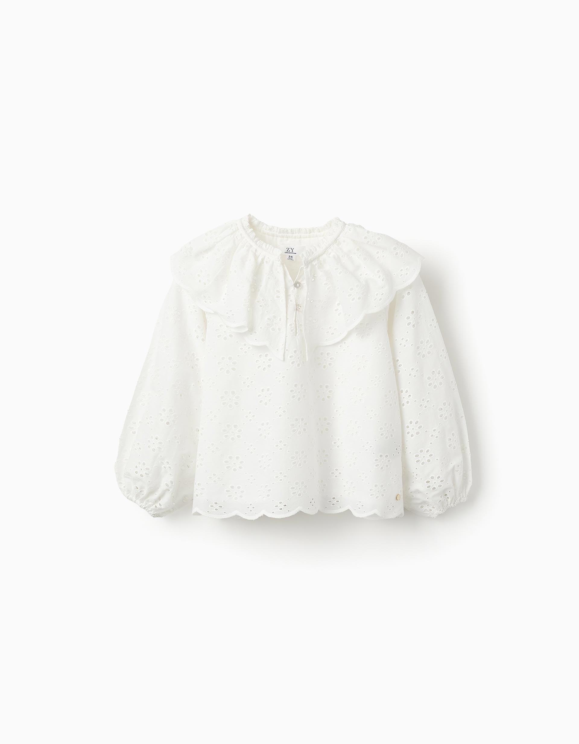 Cotton Blouse with Broderie Anglaise for Girls, White