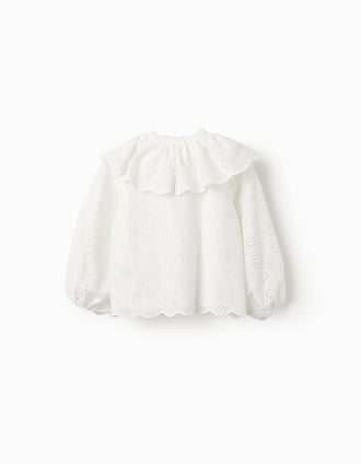 Blouse en Coton avec Broderie Anglaise pour Fille, Blanc