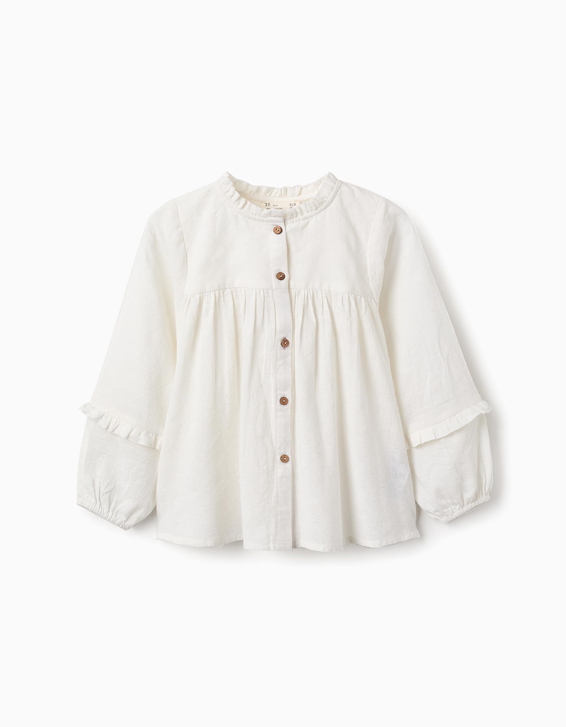 Cotton Shirt with Ruffles for Girls, White