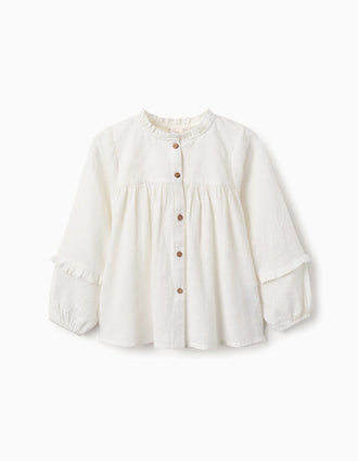 Camisa de Algodón con Volantes para Niña, Blanco