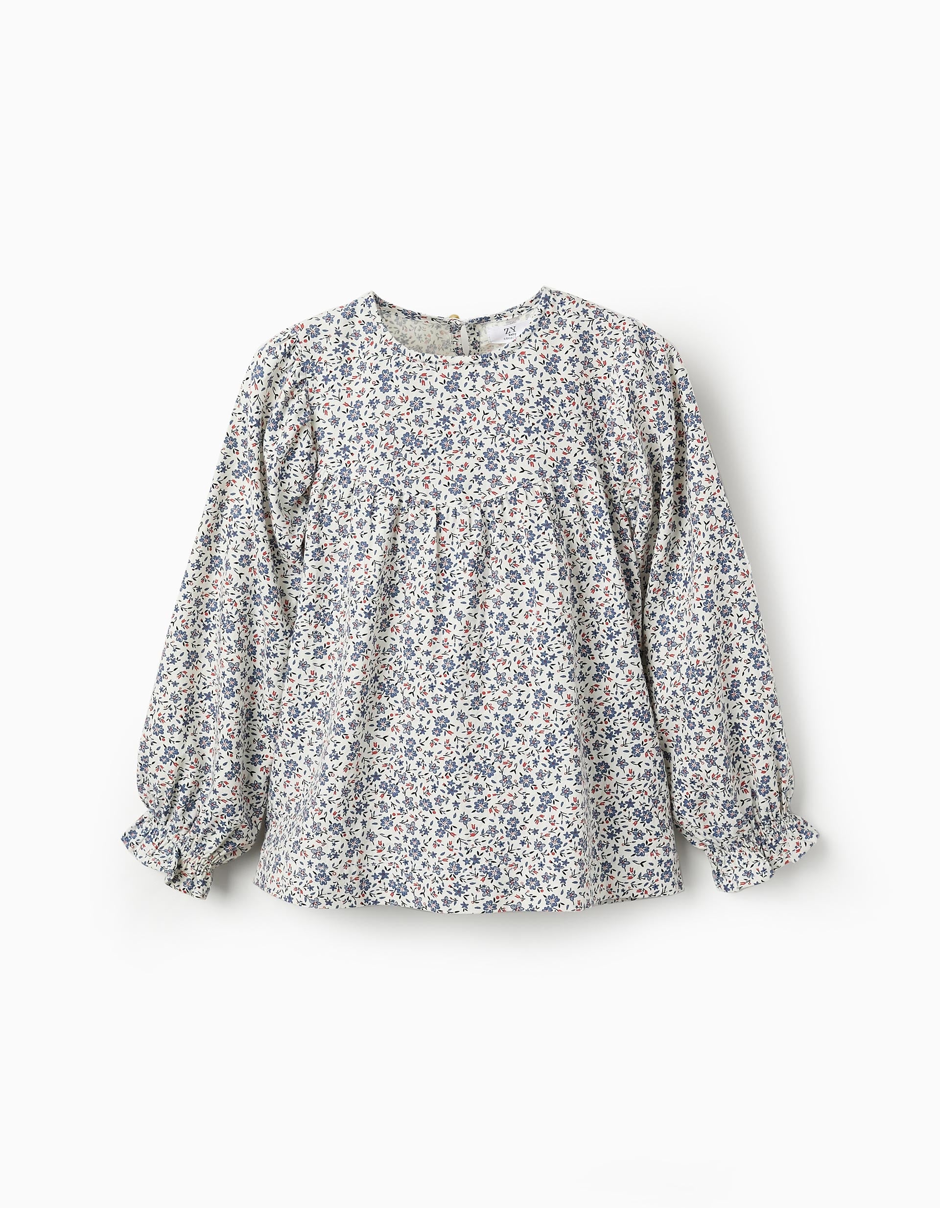 Floral Cotton Twill Blouse for Girls, White/Blue/Red