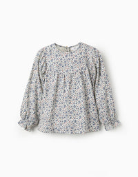 Blusa Floral en Sarga de Algodón para Niña, Blanco/Azul/Rojo