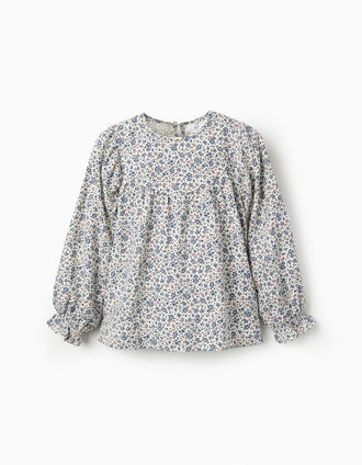 Blusa Floral en Sarga de Algodón para Niña, Blanco/Azul/Rojo