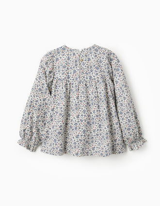 Chemisier Floral en Sergé de Coton pour Fille, Blanc/Bleu/Rouge