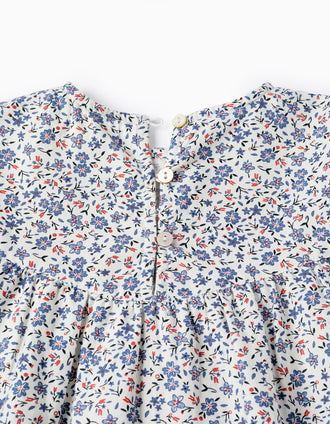 Blusa Floral en Sarga de Algodón para Niña, Blanco/Azul/Rojo