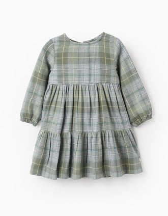 Vestido de Flanela com Xadrez para Bebé Menina, Verde/Cinza