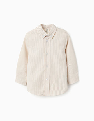 Camisa de Algodão às Riscas para Bebé Menino, Bege/Branco