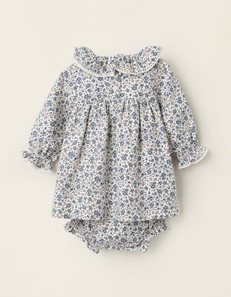 Vestido + Cubrepañal Floral para Recién Nacida, Blanco/Azul/Rojo