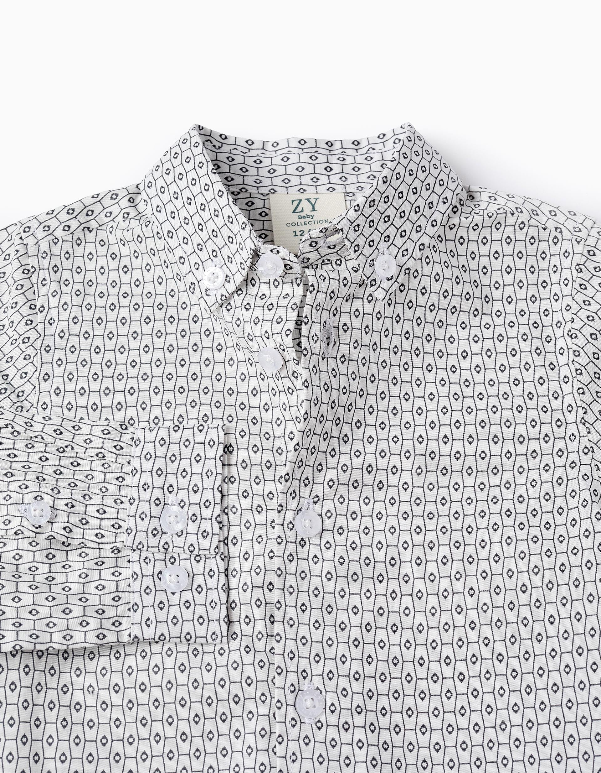 Cotton Shirt with Pattern for Baby Boys, White