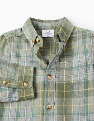 Camisa de Flanela com Xadrez para Bebé Menino, Verde/Cinza