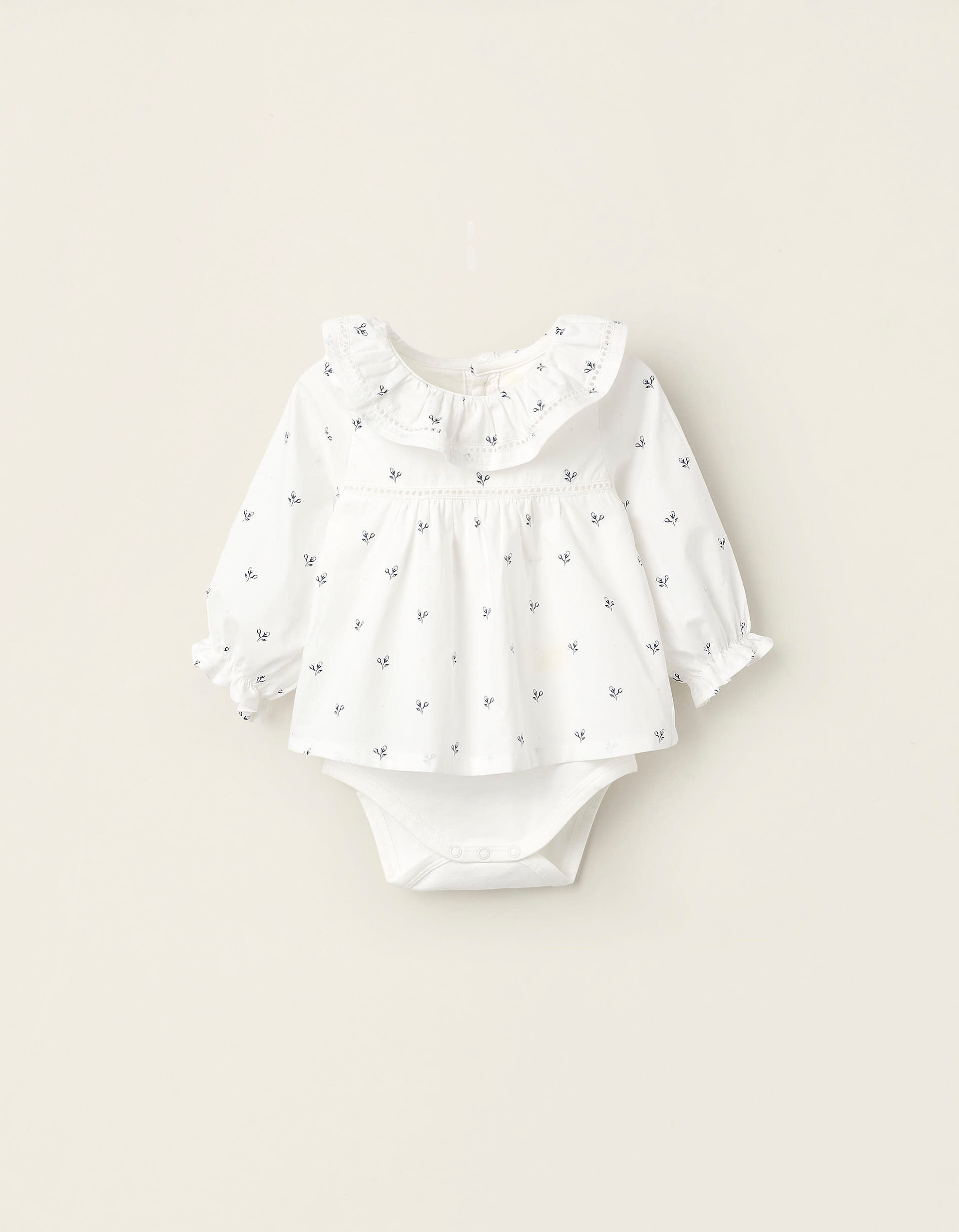 Floral Blouse with Integrated Bodysuit for Newborn Girls, White