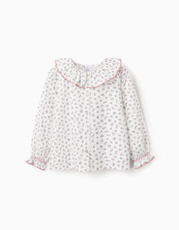 Camisa de Algodón Floral y con Volantes para Niña, Blanco