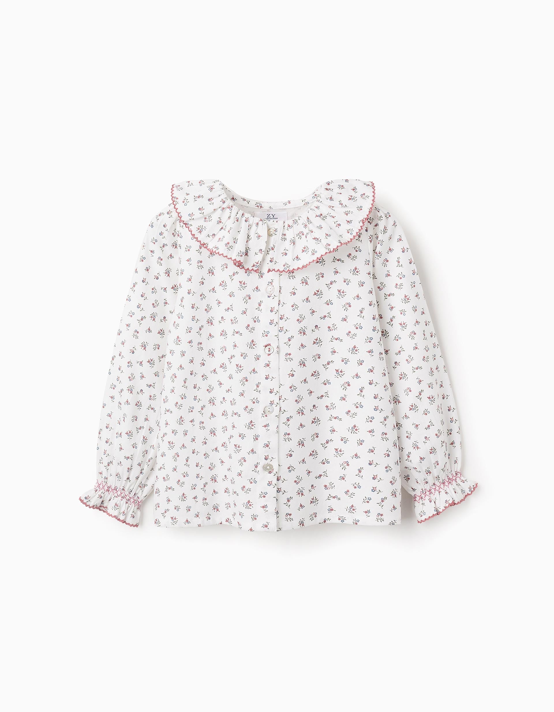 Floral Cotton Shirt with Ruffles for Girls, White