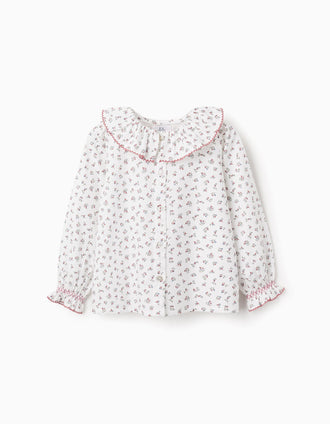 Chemise en Coton Florale et à Volants pour Fille, Blanc