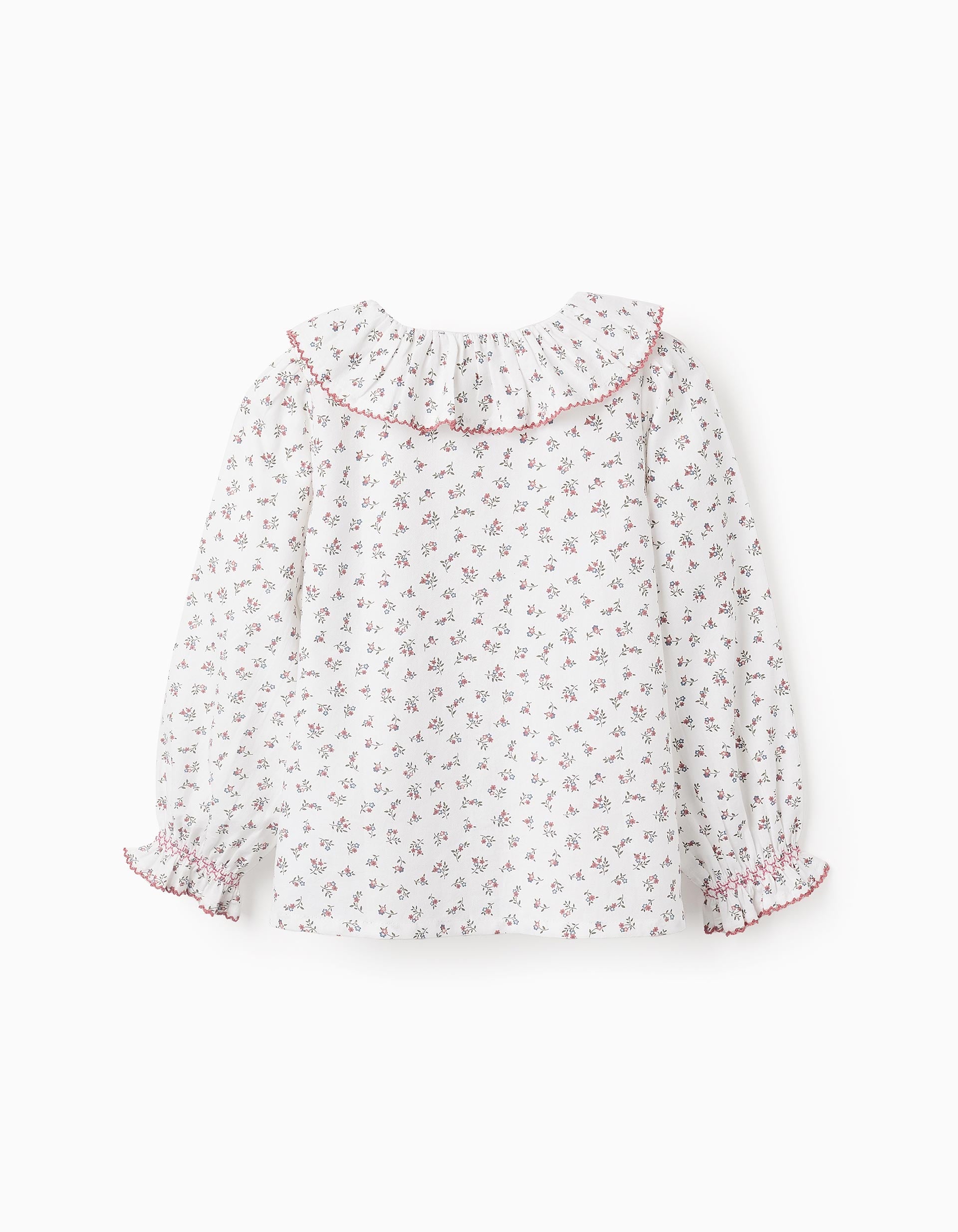 Floral Cotton Shirt with Ruffles for Girls, White