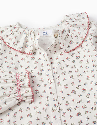 Camisa de Algodón Floral y con Volantes para Niña, Blanco