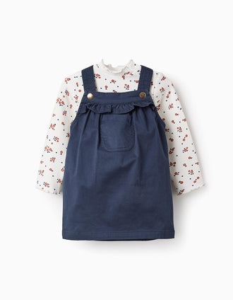 Camiseta Floral + Falda de Peto para Bebé Niña, Azul Oscuro